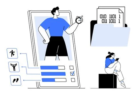 Fitness App Interface with User Data and Analytics, Digital Health Trends a.. Illustrazione stock