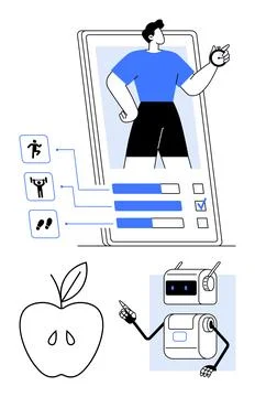 Fitness app user tracking activity and diet with robot assistant and apple .. Ilustración de archivo