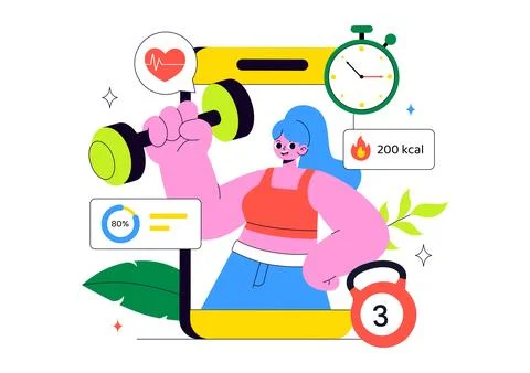 Fitness App Vector Illustration Featuring Workout Tracking, Health Monitori.. Ilustración de archivo