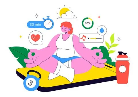 Fitness App Vector Illustration Featuring Workout Tracking, Health Monitori.. Ilustración de archivo