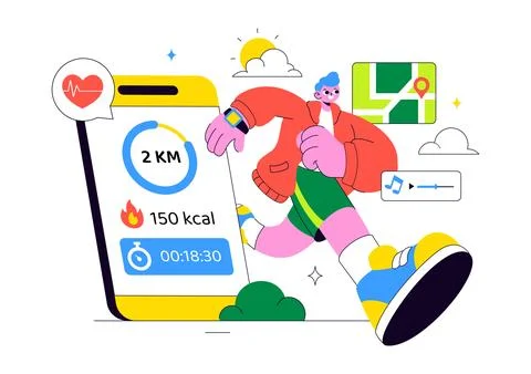 Fitness App Vector Illustration Featuring Workout Tracking, Health Monitori.. Ilustración de archivo