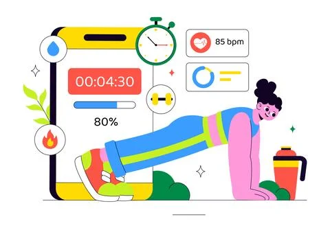 Fitness App Vector Illustration Featuring Workout Tracking, Health Monitori.. Stock-Illustration
