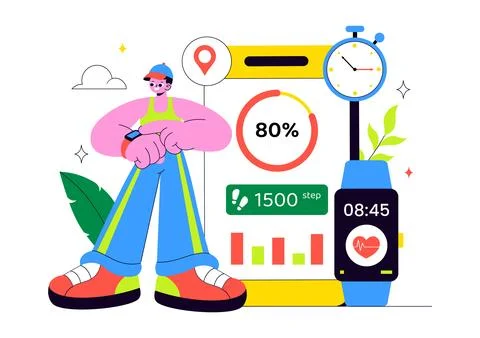 Fitness App Vector Illustration Featuring Workout Tracking, Health Monitori.. Ilustración de archivo