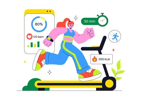 Fitness App Vector Illustration Featuring Workout Tracking, Health Monitori.. Ilustración de archivo