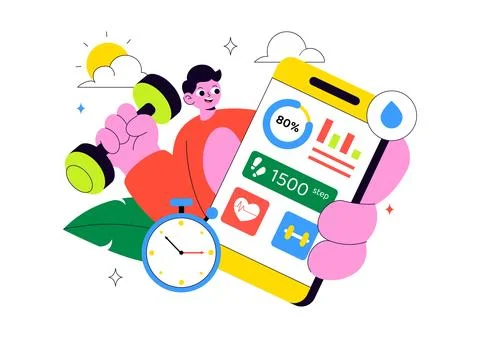 Fitness App Vector Illustration Featuring Workout Tracking, Health Monitori.. Ilustración de archivo