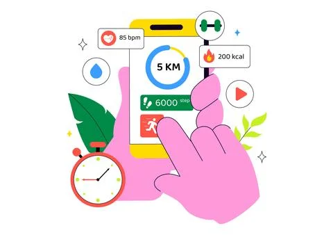 Fitness App Vector Illustration Featuring Workout Tracking, Health Monitori.. Stock Illustration