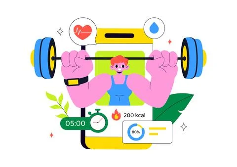 Fitness App Vector Illustration Featuring Workout Tracking, Health Monitori.. Ilustración de archivo