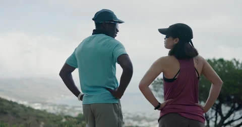 Fitness, back view or couple in nature, talking or interracial people on workout Stock Footage 330516959