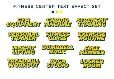 Fitness center text effect set with gym and workout words Stock Illustration