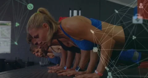 Fitness crew doing pushups in training node overlaying torso, camera zooming on Stock Footage 331108862