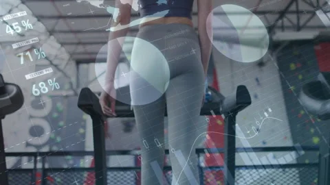 Fitness data and performance metrics animation over woman exercising in gym Stock Footage 303462683