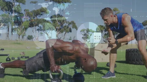 Fitness data and world map animation over man doing push-ups with trainer 動画素材 303462648