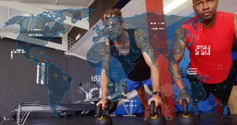 Fitness duo syncing pushups on bars starting world map overlay showing data 動画素材 317834079