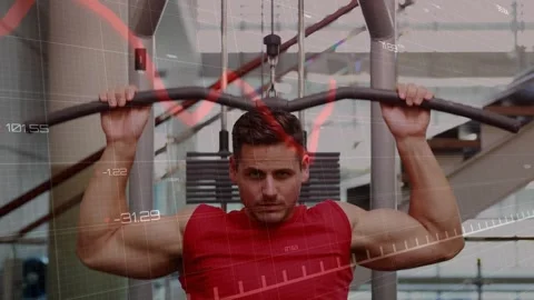 Fitness enthusiast grabbing pulldown bar and pulling chestward, syncing animated Video stock 317799358