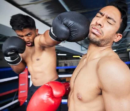 Fitness, exercise and boxing match, punch or knock out in ring. Healthcare Stock Photos
