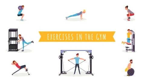Fitness exercises flat vector illustrations set. Young men and women in Stock Illustration