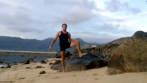 Fitness expert instructor demonstrates how to warm up before sport workout  Stock Footage 95166409