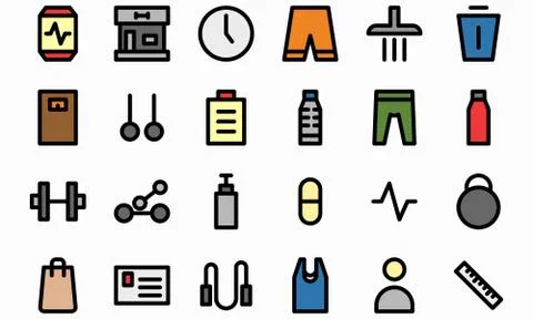Fitness flat icon set vector illustration. Editable stroke and color. Stock Illustration