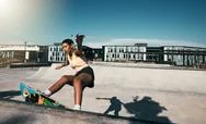 Fitness, Girl And Skateboarder Skateboarding In A Skate Park For Training Stock Photos