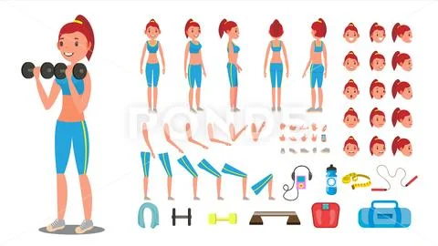 Fitness Girl Vector. Animated Sport Female Character Creation Set. Full Lengt Stock Illustration
