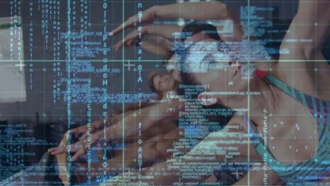 Fitness group doing in-sync reaches on mats starting grips, with code overlaying Stock Footage 323372380