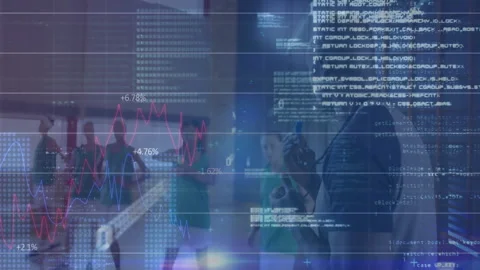 Fitness group exercising in mirrored studio, displaying animated stock charts Stock Footage 307972733