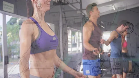Fitness group jumping rope as instructor's whistle triggers animated rope arcs Video stock 313354929