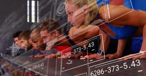 Fitness group performing push-ups triggered by timer cue with animated Video stock 317834080