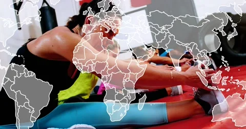 Fitness group starting hamstring stretching on red mat with map overlay shifting Video stock 317840827