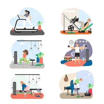 Fitness gym set, flat vector illustration. Leg press, lunges, deadlift, triceps Stock Illustration