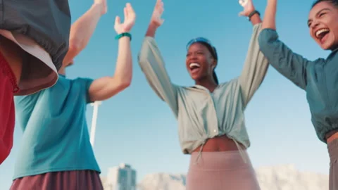 Fitness, huddle and stack with friends in city together for applause, support or Vídeo Stock 308631888