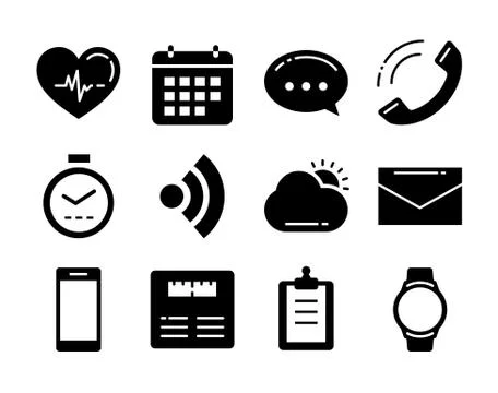 Fitness icons tracker technology data with applications smartwatch in flat de Stock Illustration