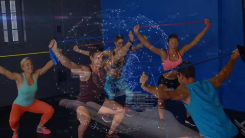 Fitness instructor guiding five exercisers doing band squats code panel becoming Stock Footage 312904996