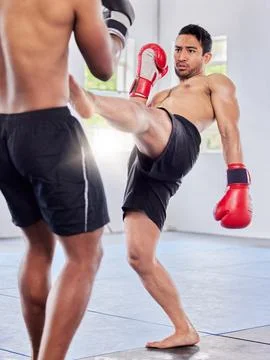Fitness, kickboxing and mma training, exercise and fight workout in gym with men Stock Photos