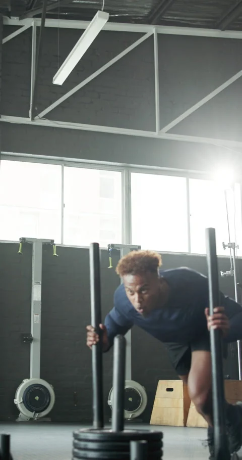 Fitness, man and push weight sled for workout, body strength and endurance Stock Footage 319680353