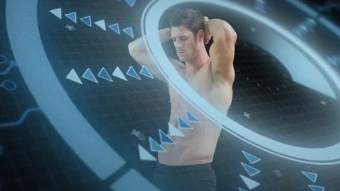 Fitness model holding pose, elements appearing, ring rotating, sweeping torso Stock Footage 323408082