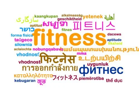 Fitness multilanguage wordcloud background concept Stock Illustration