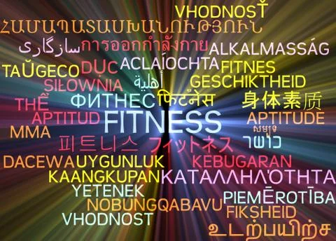 Fitness multilanguage wordcloud background concept glowing Stock Illustration