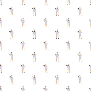 Fitness pattern with exercising man holding dumbbell and smartphone Stock Illustration