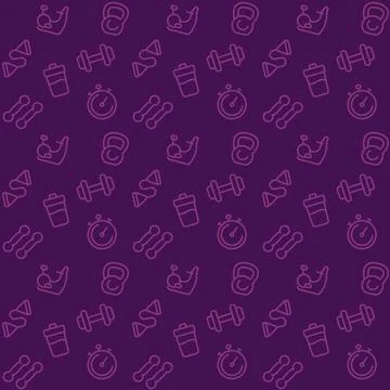 Fitness pattern, seamless background and gym icons Stock Illustration