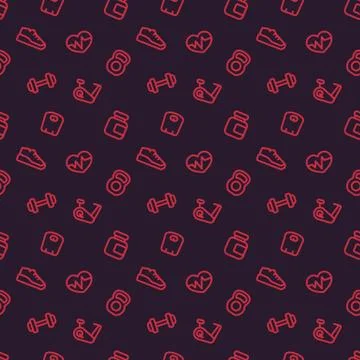 Fitness pattern, seamless dark background with gym icons Stock Illustration