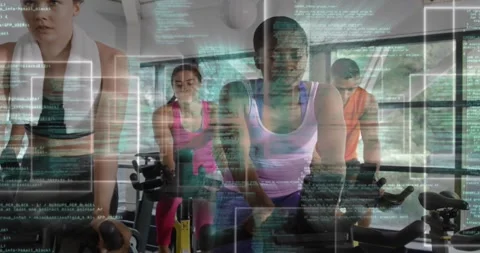 Fitness peers settling on bikes, code overlay flickering, syncing pedaling for Stock Footage 317870184