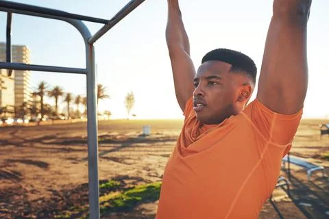 Fitness, pull up and monkey bars with black man in park for workout equipme.. Stock Photos