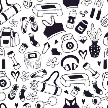Fitness Seamless Doodle Pattern. Repeating Monochrome hand-drawn Sport Equi.. Stock Illustration