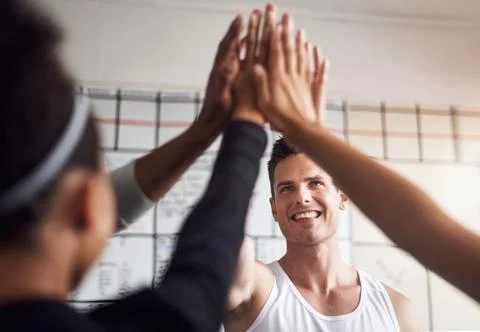 Fitness, smile and high five of people in gym for motivation, support and target Stock Photos