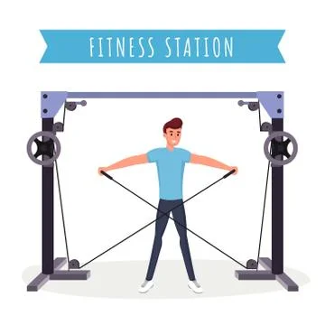 Fitness station workout flat vector illustration. Strong young man, bodybuilder Stock Illustration