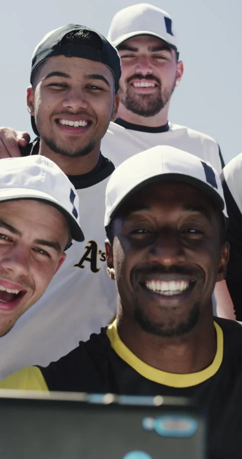 Fitness, team or baseball player with smile for selfie, social media or picture Stock Footage 336698053