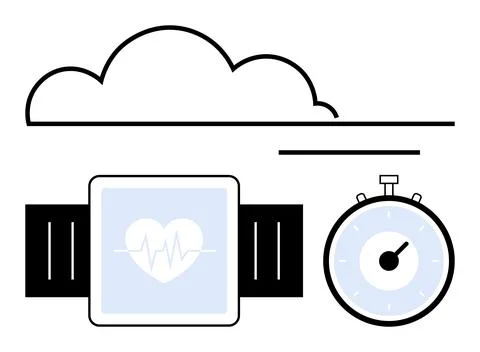 Fitness Tracker and Stopwatch Under Cloud - Digital Health and Exercise Stock Illustration