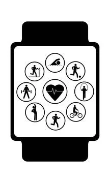 Fitness tracker with the image of modes for different sports. Stock Illustration