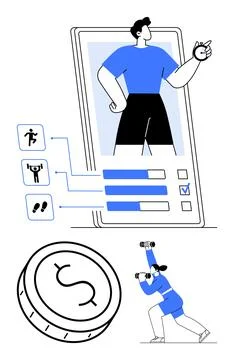 Fitness Tracking App Interface with Athlete, Activity Tracking Icons, and C.. Stockillustratie